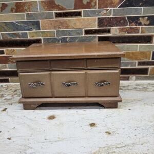 Vintage Wood Jewelry Chest, Smaller Red Fabric Inside, Mirror